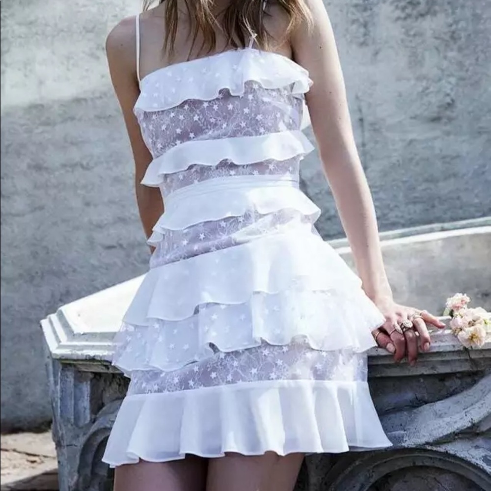 For Love & Lemons Cosmic Stars White Ruffle Tiered Mini Dress